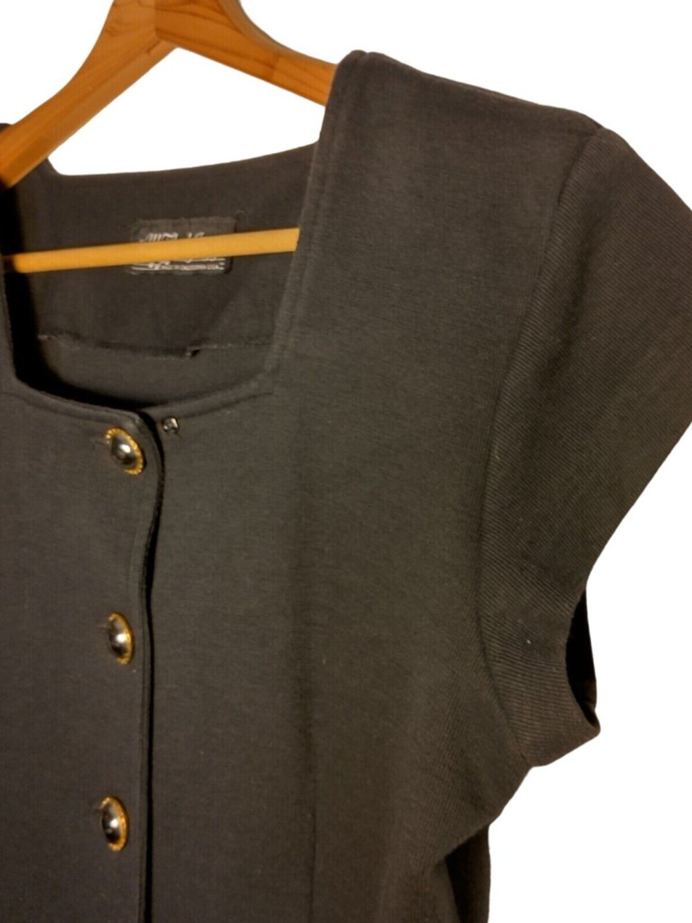 Vintage All That Jazz Dress 38 Bust Black Short Slv Silver Gold Button Retro - Picture 7 of 9